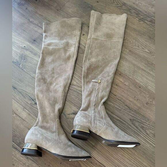 T-139. Tory Burch Multi Logo Stretch Over the Knee Boot Larice US 5.5 - Picture 2 of 5